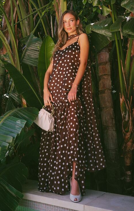 Show Me Your MuMu Dresses & Skirts - Show Me Your Mumu Dalia Maxi Dress in Chocolate Brown Polka Dot XL